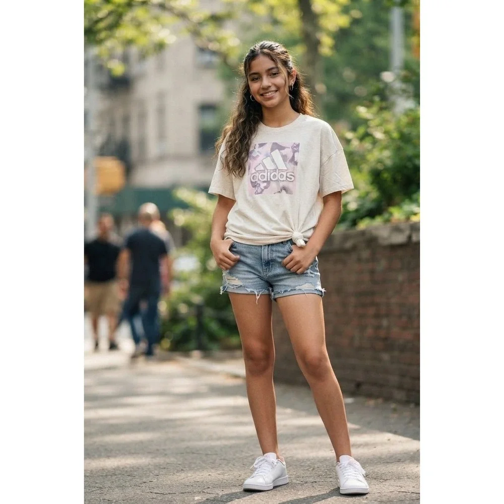 Adidas Girls XL Loose Fit Graphic T-Shirt Tan Heather Side Tie AA3189 NWT